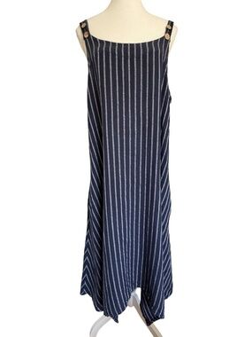 Italian Linen Blue/White Button Overall Oversized Lounge Summer Midi Dress-Sz-M